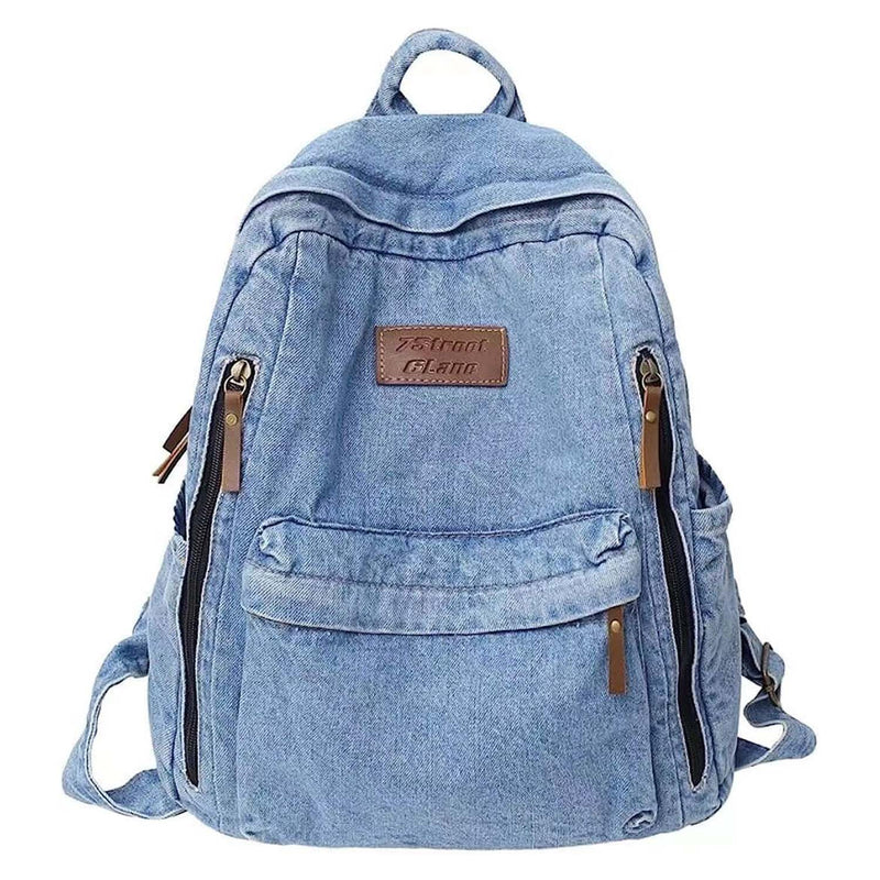 KAOBIO Denim Backpack for Women Men Vintage Grunge Backpack Blue Jeans Laptop Backpack Retro Rucksack for Travel Work (Blue,One Size)