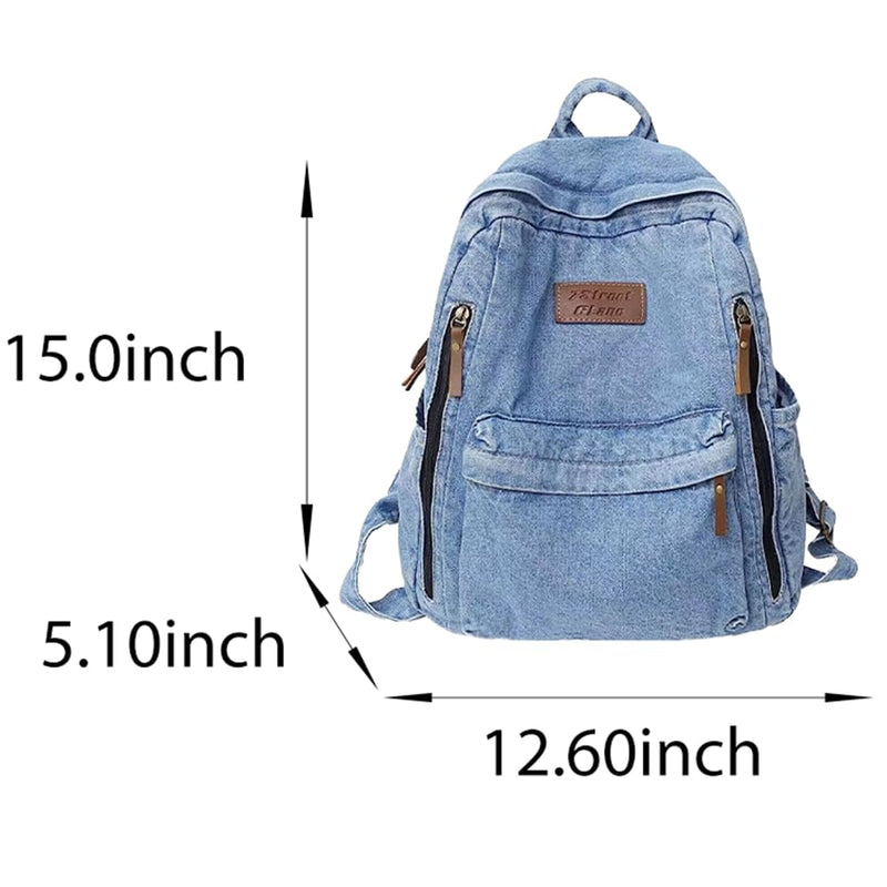 KAOBIO Denim Backpack for Women Men Vintage Grunge Backpack Blue Jeans Laptop Backpack Retro Rucksack for Travel Work (Blue,One Size)