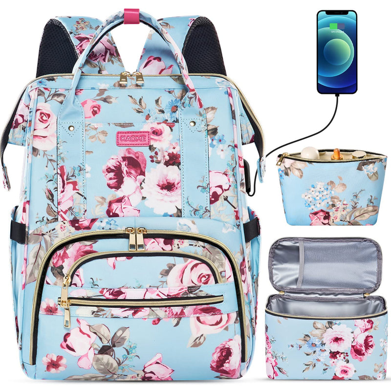 Kaome Lunch Backpack 15.6 Inch Laptop Backpack for Women with USB Port Nurse Gift Teacher Work Backpack Cooler Insulated Lunch Bag Waterproof Daypacks for Work Picnic Travel Anti - theft