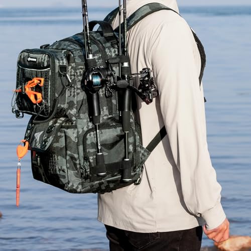 KastKing BaitSpace 50L Fishing Tackle Backpack with Removable Bait Binder,2 Rod Holders Storage Fishing Gear and Equipment,Black Camo
