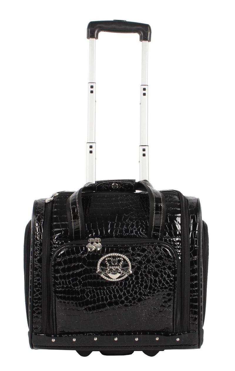 Kathy Van Zeeland Croco PVC Designer Underseat Luggage - 15 Inch Carry On Suitcase for Women - Lightweight Under Seat Bag with 2 - Rolling Spinner Wheels (Black)
