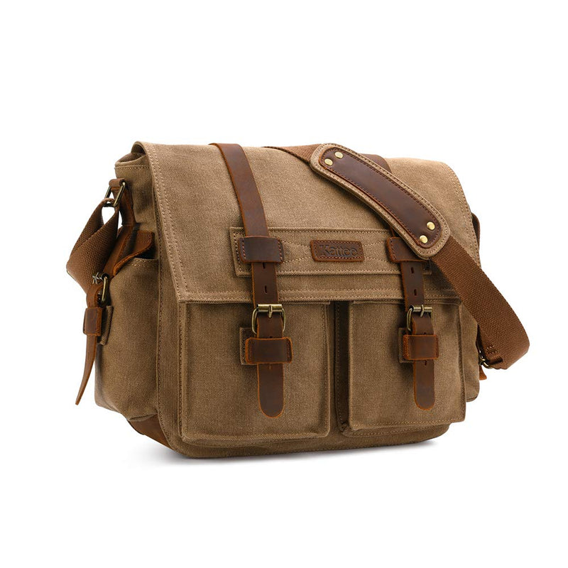 Kattee Leather Canvas Camera Bags for Men Vintage DSLR SLR Messenger Shoulder Bags Khaki