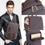 KAUKKO Canvas Leather Outdoor Sling Bag Cross Body Messenger Bag Shoulder Backpack Daypack Grey