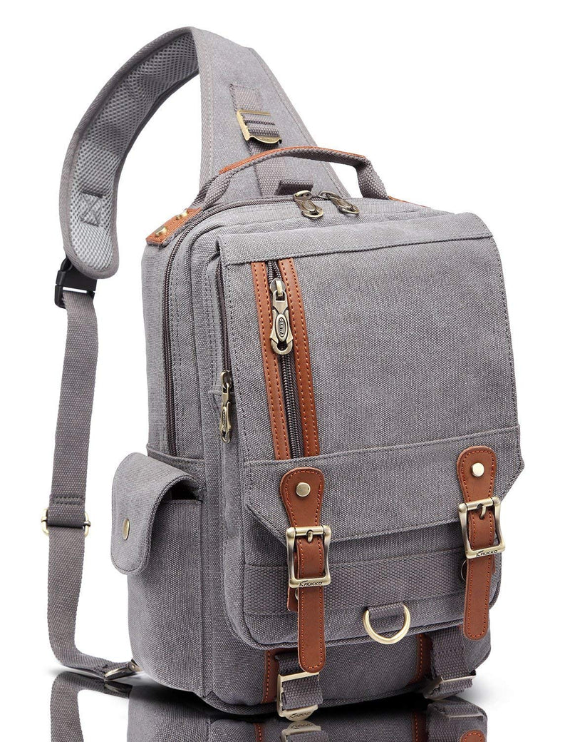 KAUKKO Canvas Leather Outdoor Sling Bag Cross Body Messenger Bag Shoulder Backpack Daypack Grey