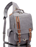 KAUKKO Canvas Leather Outdoor Sling Bag Cross Body Messenger Bag Shoulder Backpack Daypack Grey