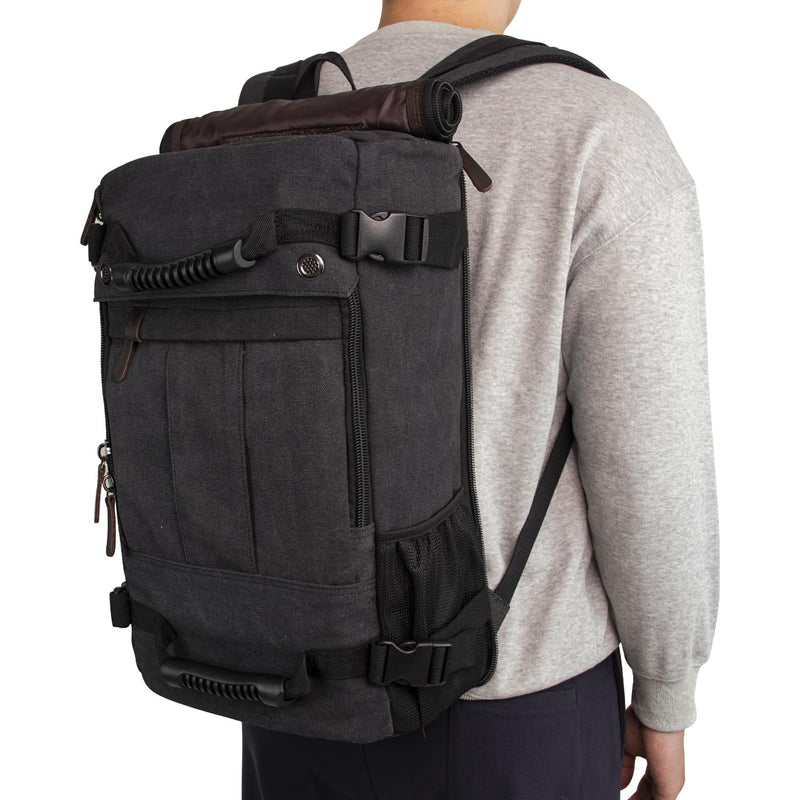 KAUKKO Canvas Travel Backpack Multi - Functional Bag Fits 17" Laptop, Large Capacity Hiking Backpack, Outdoor Casual Daypack BLACK,23.8L