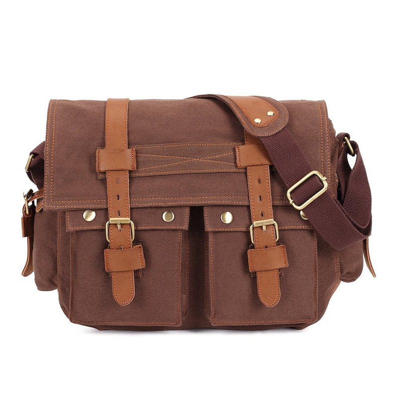 KAUKKO Canvas Vintage Messenger Bag Shoulder Bag Travel Crossbody Bags for Men Women 14 inch with Adjustable Strap (COFFEE - 1)