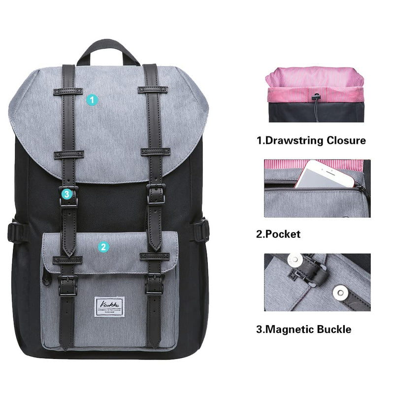 KAUKKO Laptop Outdoor Backpack Traveling Daypack Hiking Rucksack Large Capacity Bag Fits 15.6"(5 - 7 - Black Grey)