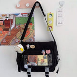 Kawaii Crossbody Ita Bag for Women with Pin and Plush Penguin, Cute Messenger Bag Japanese Crossbody Bag Y2K Purse Black Fit 15.6 Inch Laptop