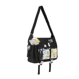 Kawaii Crossbody Ita Bag for Women with Pin and Plush Penguin, Cute Messenger Bag Japanese Crossbody Bag Y2K Purse Black Fit 15.6 Inch Laptop