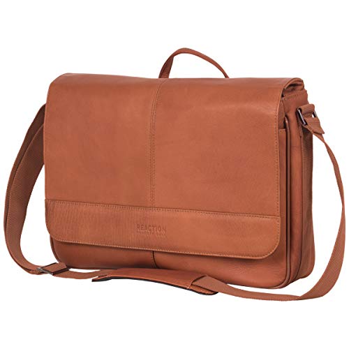 KENNETH COLE REACTION Risky Business Full-Grain Colombian Leather Crossbody Case & Tablet Day, Cognac, 15.6" Laptop Messenger Bag