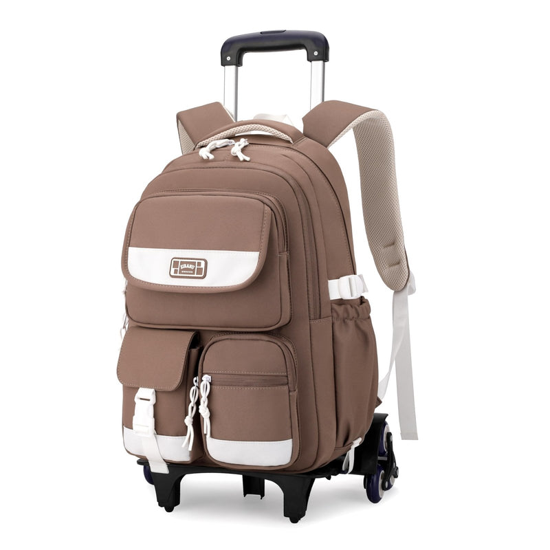 Kids Rolling Backpack for Girls, Boys Roller Backpack with Wheels, Solid - color Trolley Bags Wheeled School Bookbag on 6 Wheels - Brown