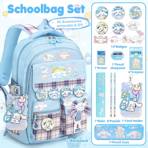 KIEAL 16.5/19IN School Backpack for Girls with 24Pcs Accessories, Anti-Theft Kids Backpack for Students, New Semester Presents with Pins and Card Holder