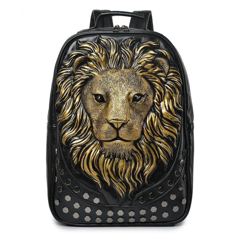 kiisy 3D Lion Leather Laptop Backpack Unique Designer Fashion Travel Rivet Punk Backpack (Black G)