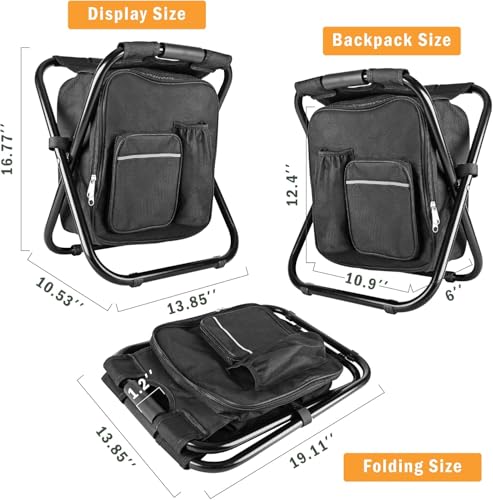 Kikerike Backpack Stool Cooler Chair Heavy Duty 300 LBS Max Load Portable Lightweight Folding Fishing Cooler for Camping Hunting Fishing - Black