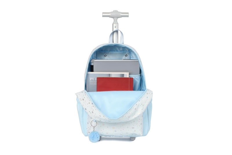 kingdisen Cute travelers club blue Rolling Backpack for women with wheels Rolling cart (HEY BLUE)