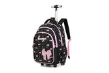 kingdisen Women Large Rolling travel Backpack for kids, Wheeled Backpack with Adjustable Shoulder Straps, Nylon Book Bag 3pc Set (BOWKNOT BLACK)