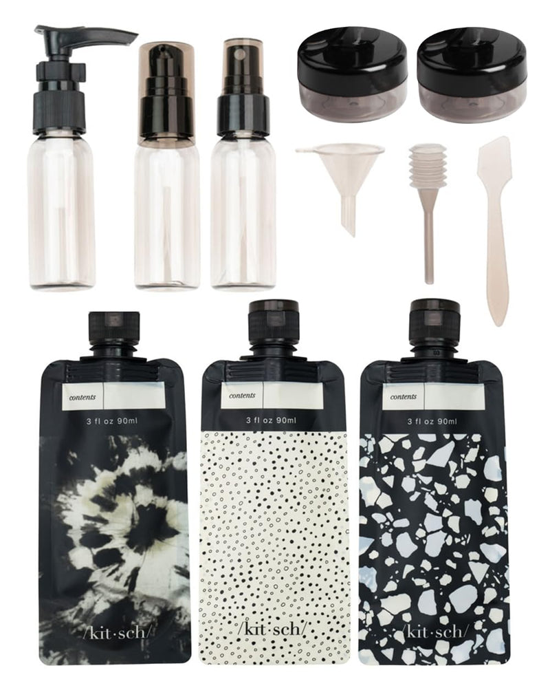 Kitsch 11 PCS Travel Bottles for Toiletries – Travel Essentials Kit for Shampoo, Conditioner, Lotion & More - TSA Approved Travel Bottles, Leak - Proof Refillable Travel Size Containers - Black & Ivory