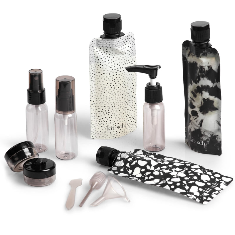 Kitsch 11 PCS Travel Bottles for Toiletries – Travel Essentials Kit for Shampoo, Conditioner, Lotion & More - TSA Approved Travel Bottles, Leak - Proof Refillable Travel Size Containers - Black & Ivory