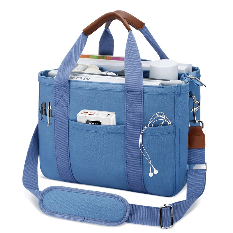 KKXIU Canvas Tote Bag for Women with Zipper and Compartments Crossbody Large Bible Messenger Purse Bag With Pockets - Blue