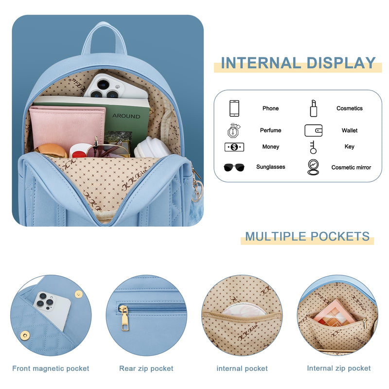 KKXIU Girls Small Backpack Purse Vegan Leather Quilted Mini Daypack for Women Trendy Bookbag (White)