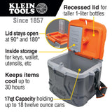 Klein Tools 55600 Work Cooler, 17 - Quart Lunch Box Holds 18 Cans, Keeps Cool 30 Hours, Seats 300 Lb, Tradesman Pro Tough Box