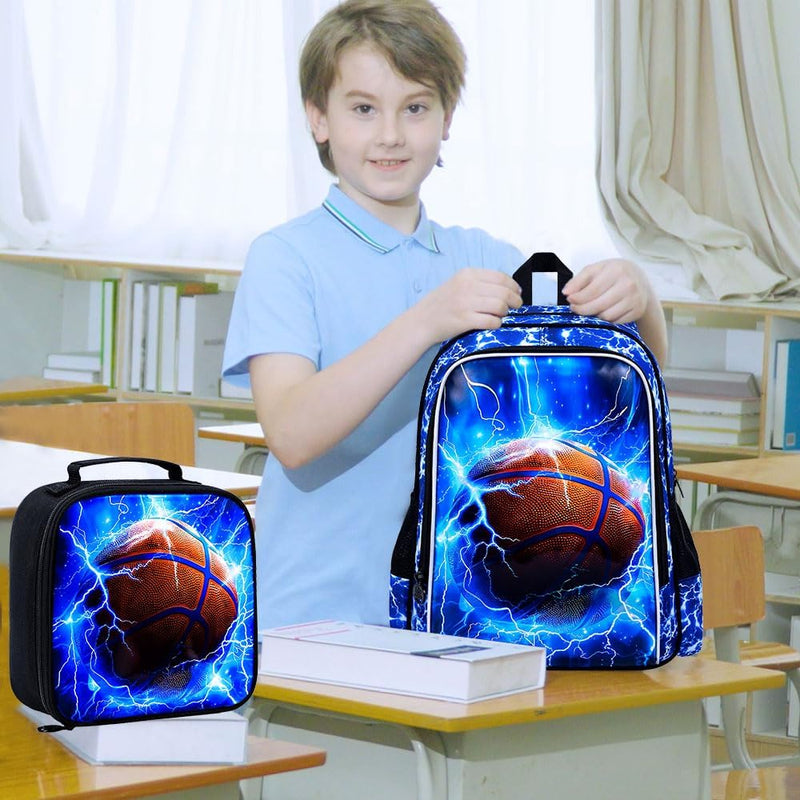 KLFVB 3PCS Boys Backpack, 17" Kids Bookbag and Lunch Box, Water Resistant Teenagers School Backpacks for Middle Elementary - Lightning Basketball