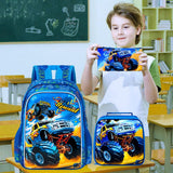 KLFVB 3PCS Boys Truck Backpack, Water Resistant Kids Bookbag with Lunch Box, 16" Preschool Backpacks for Elementary - Truck Blue