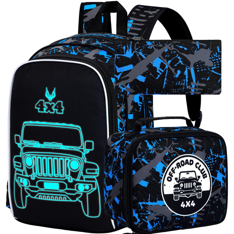 KLFVB 3PCS Truck Backpack for Boys, Luminous School Backpacks with Lunch Box, 17" Water Resistant Kids Camo Bookbag for Middle Elementary Teens to School Travel - Luminous Truck