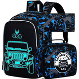KLFVB 3PCS Truck Backpack for Boys, Luminous School Backpacks with Lunch Box, 17" Water Resistant Kids Camo Bookbag for Middle Elementary Teens to School Travel - Luminous Truck