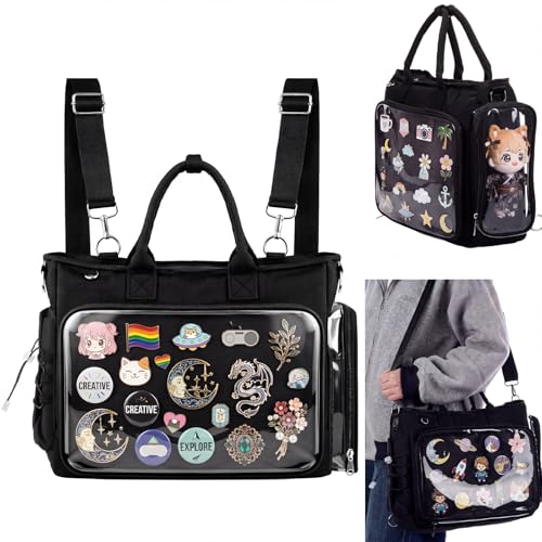 Klyyo Clyro Large Ita Backpack Shoulder Tote Bag Crossbody Handbags Kawaii Black Ita Purse with Clear PVC Insert for Pin Display Kpop | Backpacks4Less