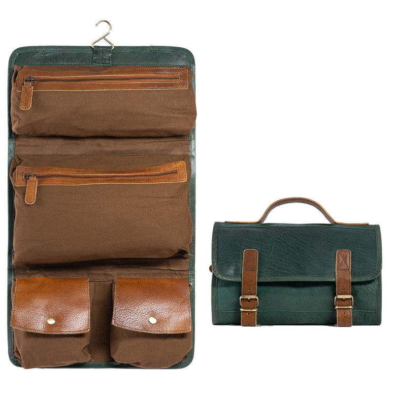 KomalC Premium Buffalo Leather Hanging Toiletry Bag Travel Dopp Kit (Green)