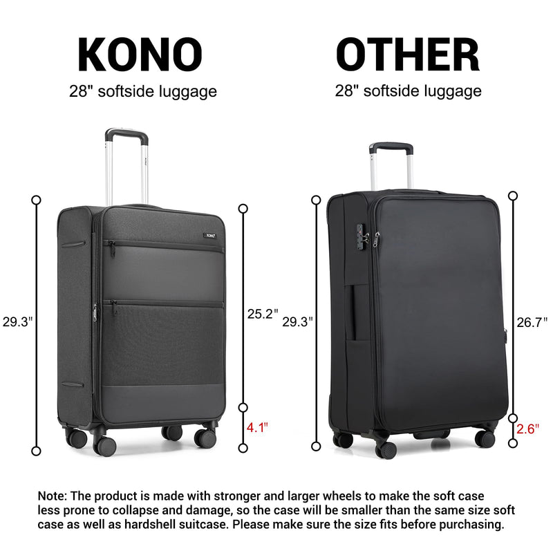 Kono 28 Inch Softside Expandable Checked Luggage with 8 Spinner Wheels TSA Lock Softshell Lightweight Business Travel Suitcase for Men and Women, Black