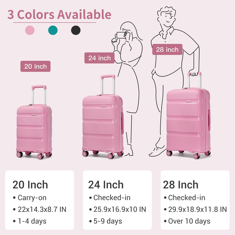 Kono Carry On Luggage 24 Inch Checked - Medium Hard Shell Travel Trolley 4 Spinner Wheels Lightweight Polypropylene Suitcase with TSA Lock, Pink