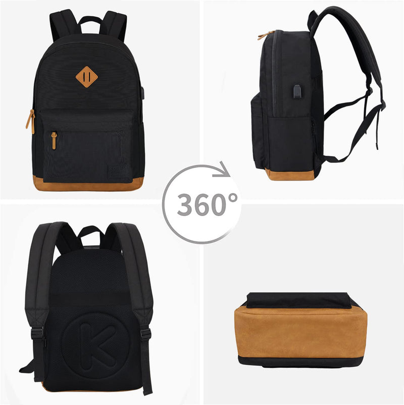 KOPHLY Large Travel Laptop Backpack with USB Charging Port for Men and Women, Classic School Backpack for Boys and Girls, Work Bag(18Inches/Black)