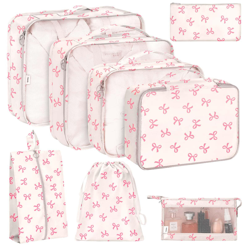 KPX 8 Set Packing Cubes for Travel, Luggage Packing Organizers Accessories Large Toiletries Bag for Clothes Shoes Cosmetics (8Set - Pink Bow)