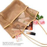 KPX Mesh Beach Bag, Tote Bag for Women Large Foldable Mesh Swimming Bag with Pockets - Sandproof, Waterproof (Khaki)