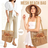 KPX Mesh Beach Bag, Tote Bag for Women Large Foldable Mesh Swimming Bag with Pockets - Sandproof, Waterproof (Khaki)