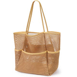KPX Mesh Beach Bag, Tote Bag for Women Large Foldable Mesh Swimming Bag with Pockets - Sandproof, Waterproof (Khaki)