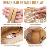 KPX Mesh Beach Bag, Tote Bag for Women Large Foldable Mesh Swimming Bag with Pockets - Sandproof, Waterproof (Khaki)