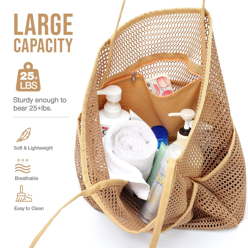KPX Mesh Beach Bag, Tote Bag for Women Large Foldable Mesh Swimming Bag with Pockets - Sandproof, Waterproof (Khaki)