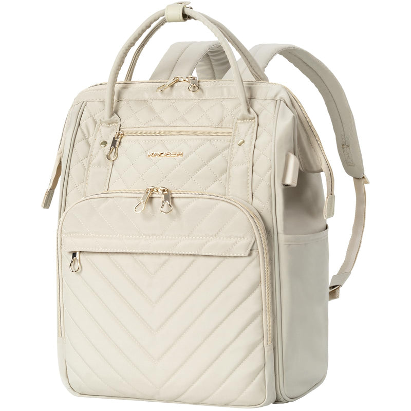 KROSER Laptop Backpack 17" Stylish Backpack Water Repellent College Casual Daypack with USB Port Travel Business Work Bag for Men/Women - Beige(Quilted)