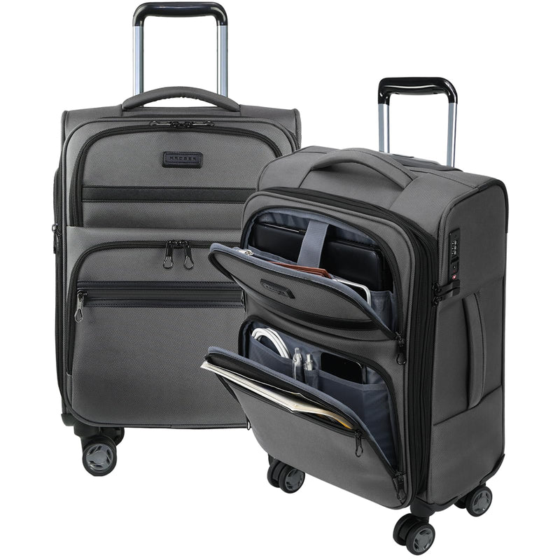 KROSER Softside Expandable Carry On Luggage with Front Business Pockets，20 Inch Suitcases with Spinner Wheels & Built - in TSA Lock, Durable Suitcase Rolling Luggage with USB Port, Grey