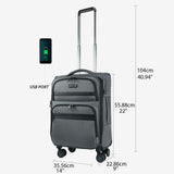 KROSER Softside Expandable Carry On Luggage with Front Business Pockets，20 Inch Suitcases with Spinner Wheels & Built - in TSA Lock, Durable Suitcase Rolling Luggage with USB Port, Grey