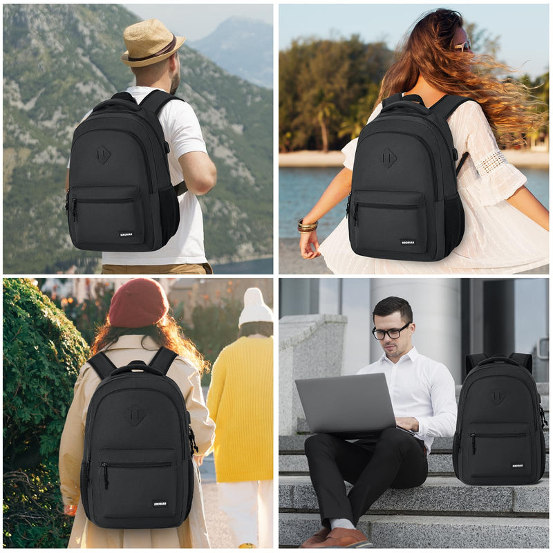 KROSIAS Black Backpack for Men and Women, School Backpack Teens Boys and Girls 15.6 Inch Laptop Bookbag with USB Charger for High School College Work Travel Business