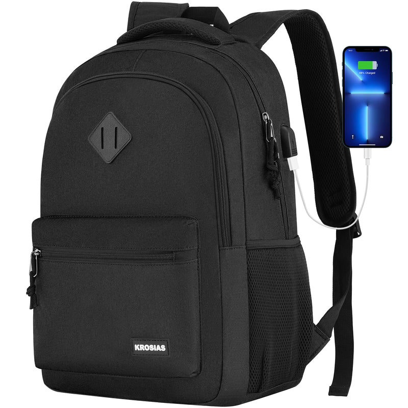 KROSIAS Black Backpack for Men and Women, School Backpack Teens Boys and Girls 15.6 Inch Laptop Bookbag with USB Charger for High School College Work Travel Business