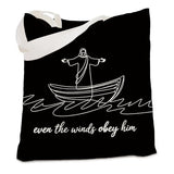 kunlisa Christian Jesus Tote Bag for Women, Christian Gifts for Women Men Faith Canvas Tote Bag, Minimalist Jesus Even the Winds Obey Him Reusable Shopping Grocery Bags