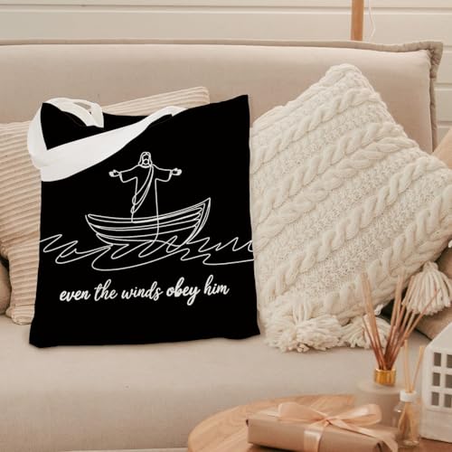 kunlisa Christian Jesus Tote Bag for Women, Christian Gifts for Women Men Faith Canvas Tote Bag, Minimalist Jesus Even the Winds Obey Him Reusable Shopping Grocery Bags