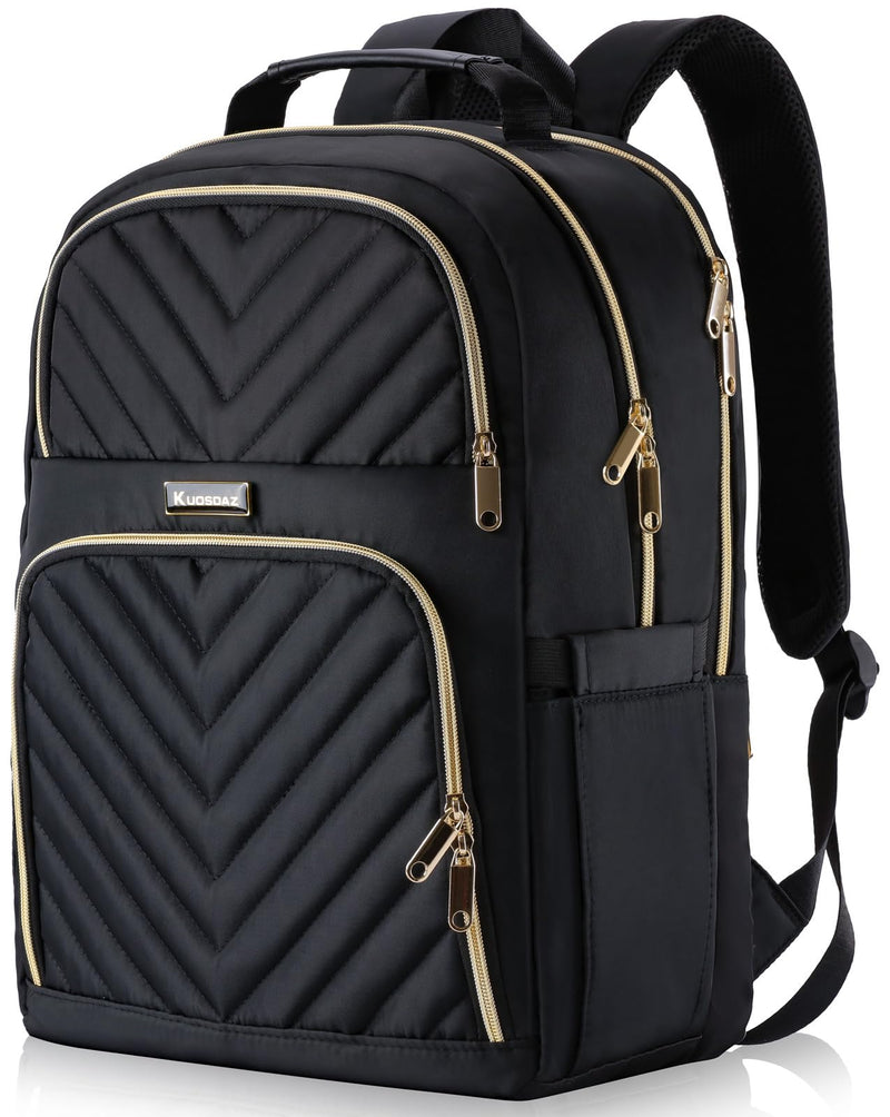 Kuosdaz Laptop Backpack for Women, School Backpack for Teen Girls, 15.6 Inch Quilted Work Backpack Purse, Large Anti - theft Bookbag for Students, Casual Daypacks for Women,Black