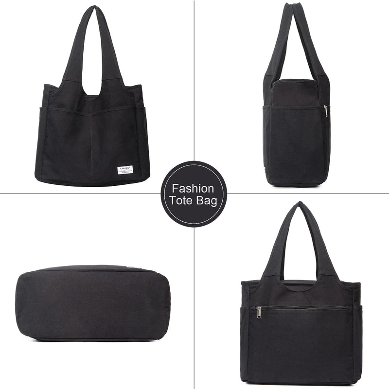 KYALOU Utility Large Canvas Tote Bag with Pockets, Women Casual Shoulder Bags with 13 Exterior & Interior Pockets for Work Gym Beach Travel Shopping Grocery (Black)